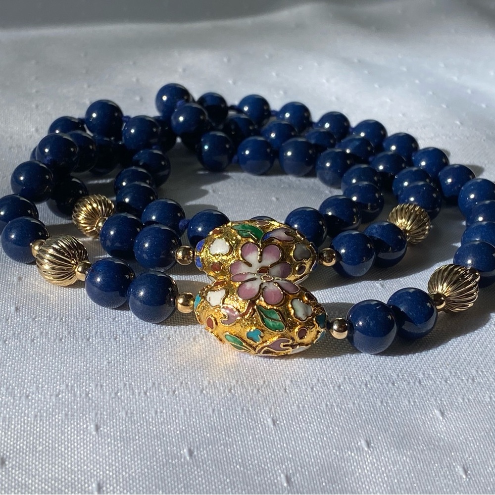 Vintage Long Cloisonne Gold Oval-Shaped & Blue Gemstone Bead Necklace 32"